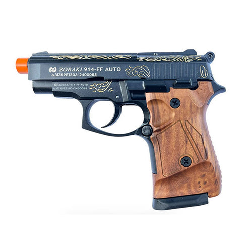 Zoraki 914 Black Engraved Wood Grips - Full Auto Front Firing 9mm Blank Gun