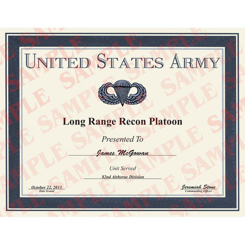 US Army Long Range Recon Platoon Certificate