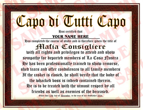 Mafia Consigliere Certificate - MaxArmory