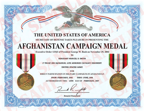 Afghanistan Campaign Medal Certificate - MaxArmory