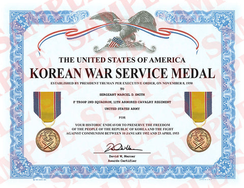 Korean War Service Medal Certificate - MaxArmory