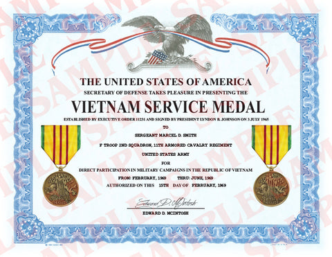 Vietnam Service Medal Certificate