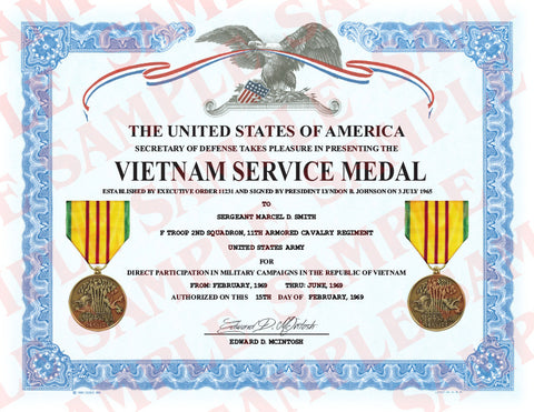 Vietnam Service Medal Certificate