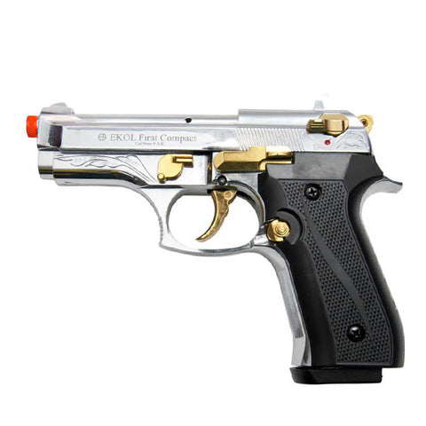 EKOL FIRAT V92F Compact Chrome Engraved with Gold Fittings - 9mm Front Firing Blank Gun
