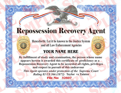 Repossession Recovery Agent Certificate - MaxArmory